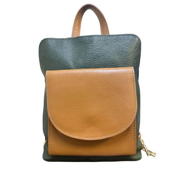 Divina Ferenze Two-Tone Green & Brown Faux Leather Backpack w/Magnetic Snap Pock - Picture 4 of 13